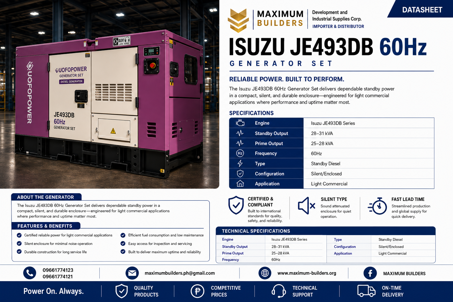 Isuzu JE493DB 60Hz Generator Set Brochure