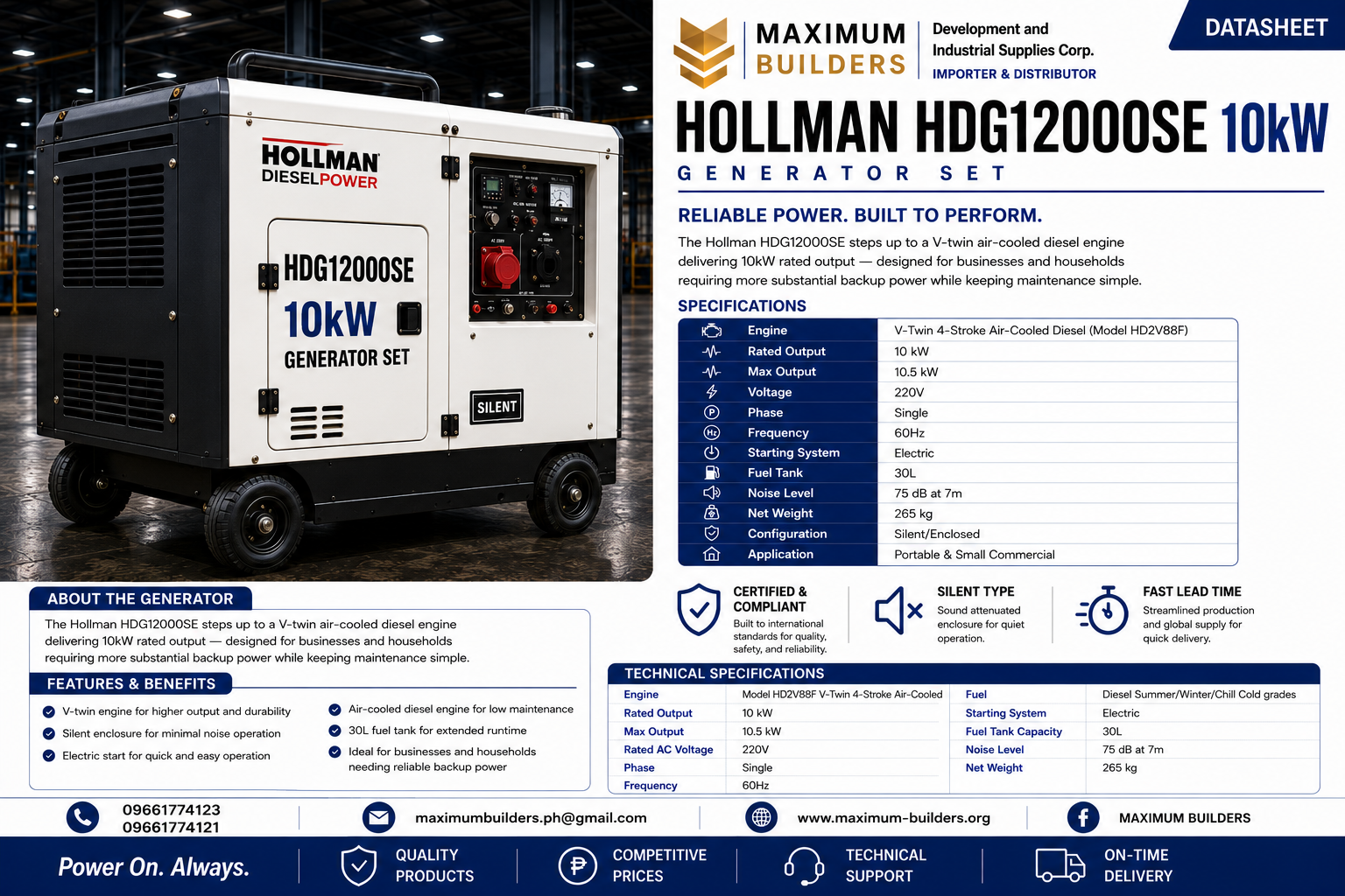 Hollman HDG12000SE 10kW Generator Set Brochure