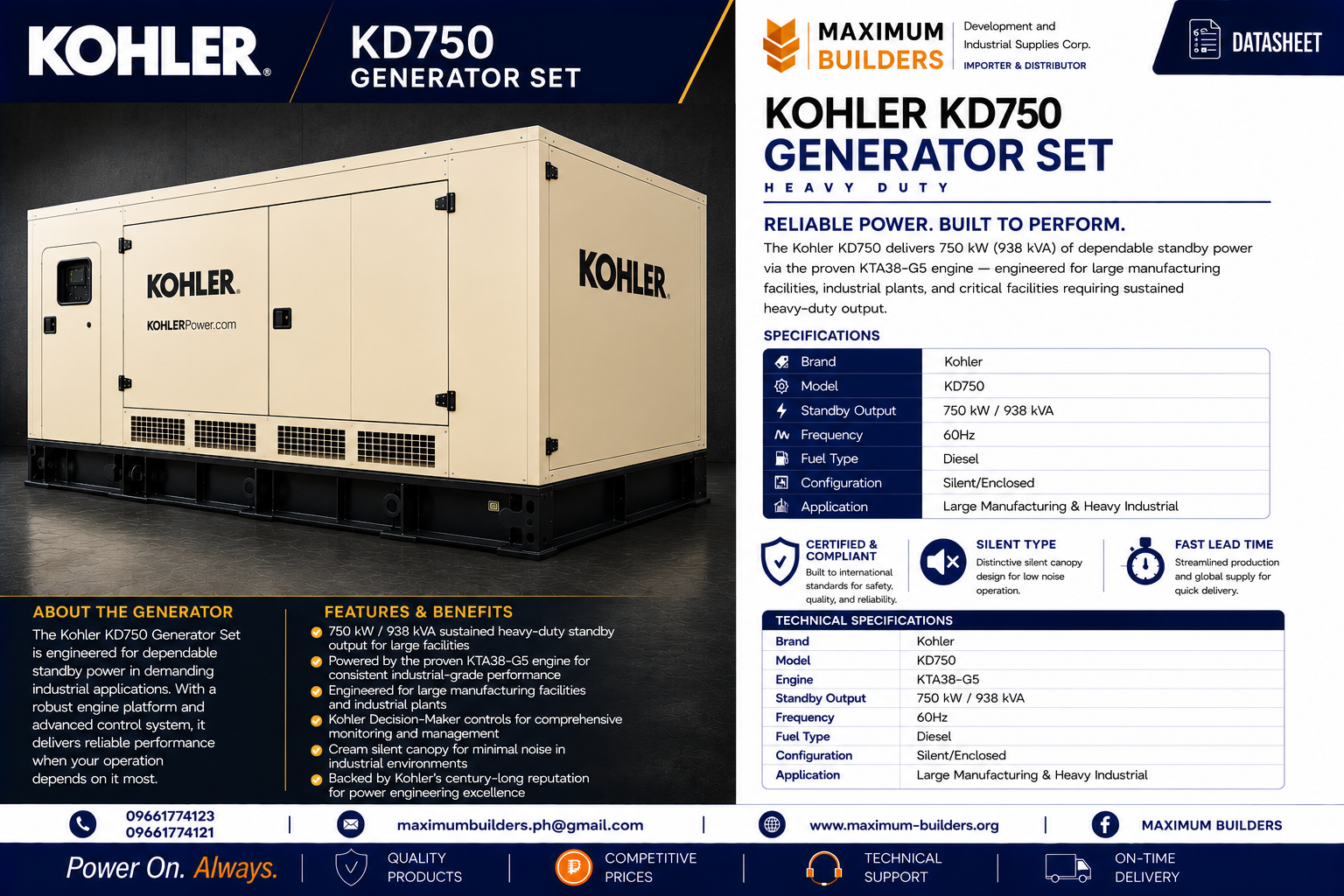 Kohler KD750 Generator Set Brochure