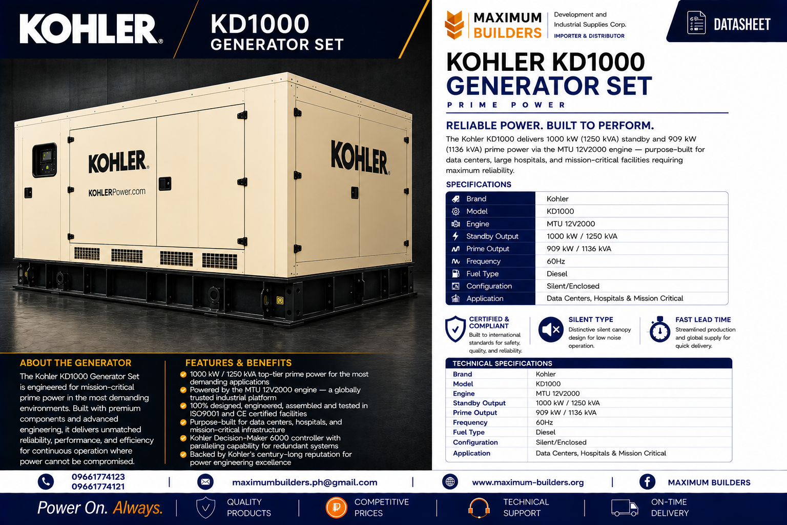Kohler KD1000 Generator Set Brochure